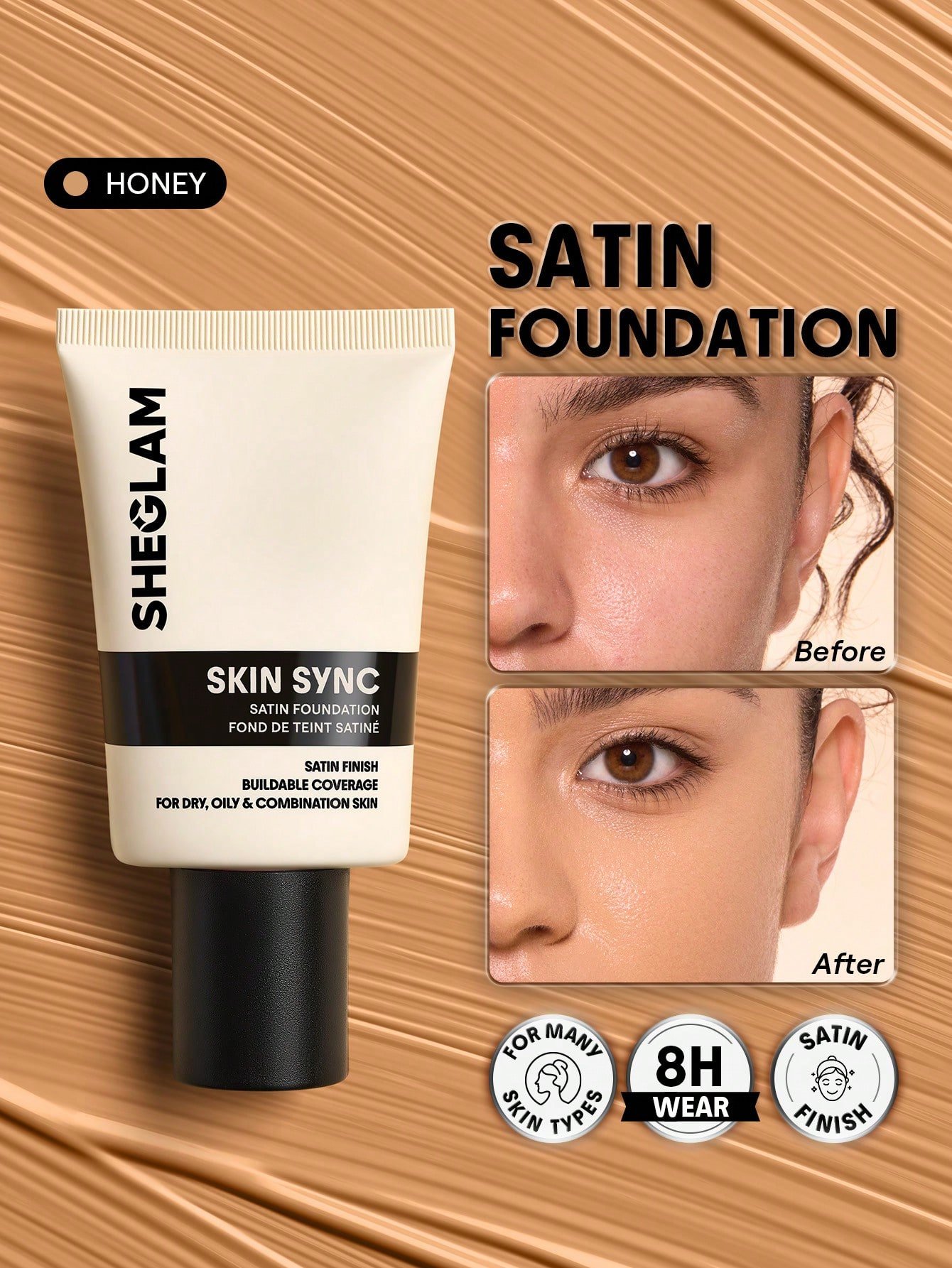 SHEGLAM Skin Sync Satin Foundation-Honey Brand Beauty Makeup Face Paint Cosmetic For Women Girls Perfect For Spring Summer Ideal For Y2K Fancy Fashion Suitable For Birthday...